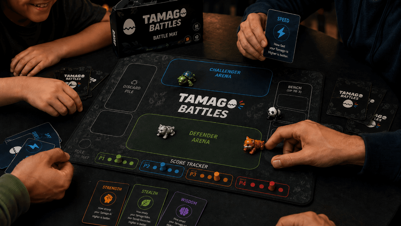 Kids battling with Tamago figures on the official Battle Mat