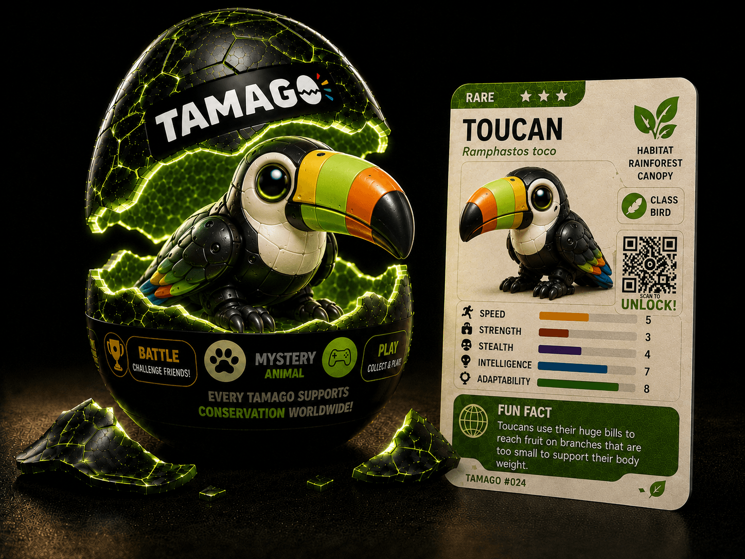 A Tamago egg cracked open, revealing a toucan beside its collector card