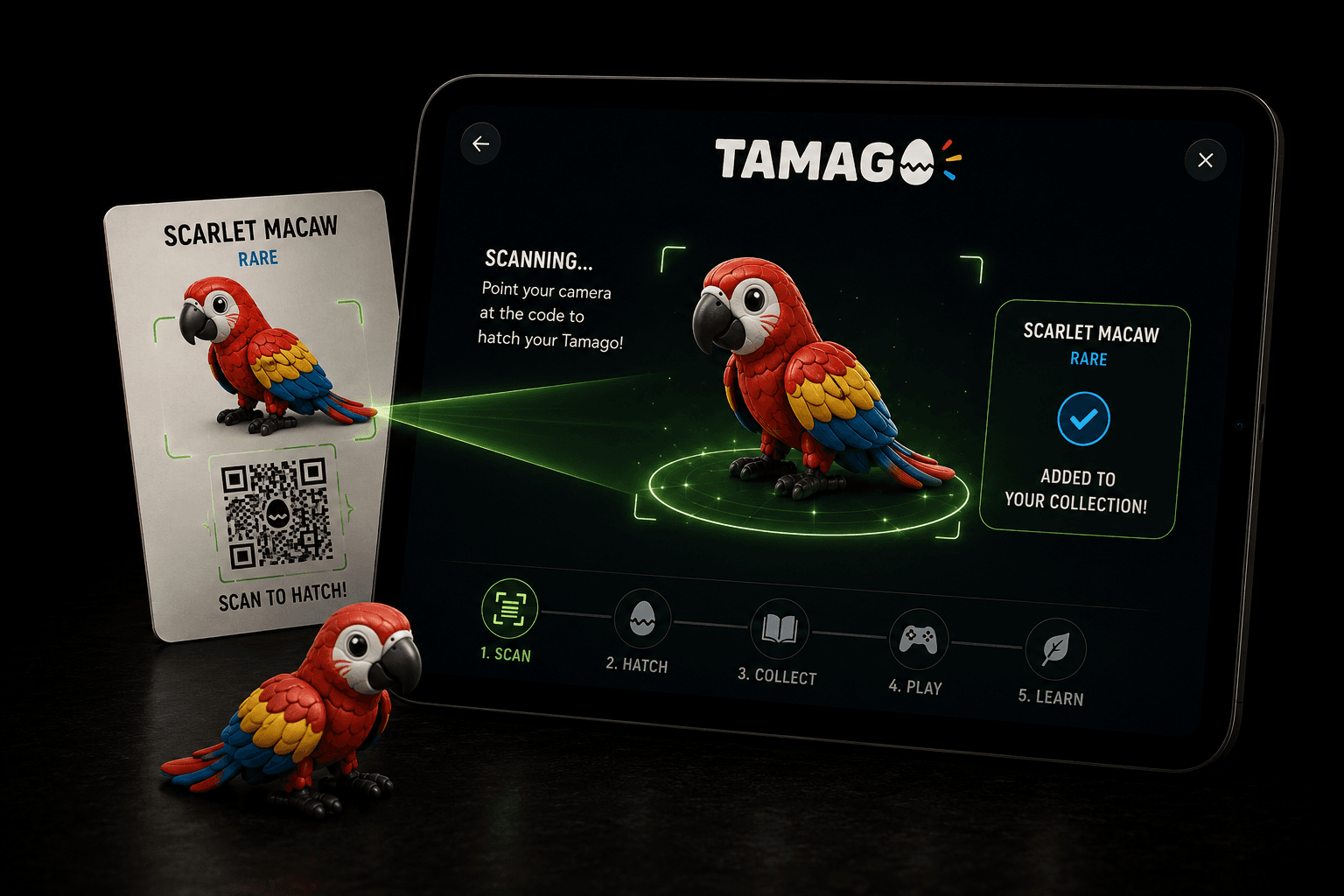 The Tamago app scanning a Scarlet Macaw collector card